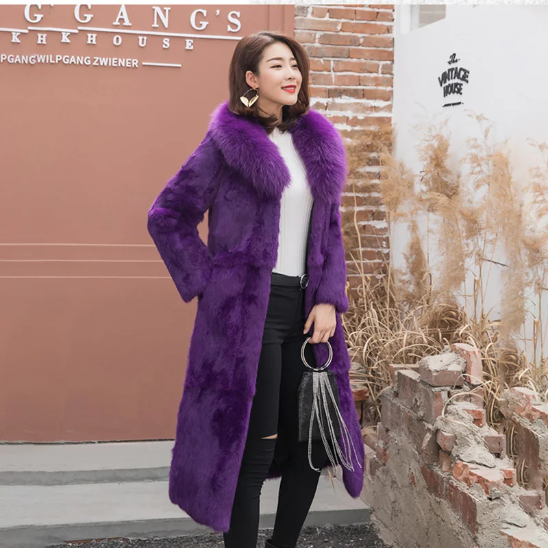 2024 New Long Real Rabbit Fur Coat With Fox Fur collar Winter Warm Thick Genuine Fur Jacket Long Sleeve Outwear