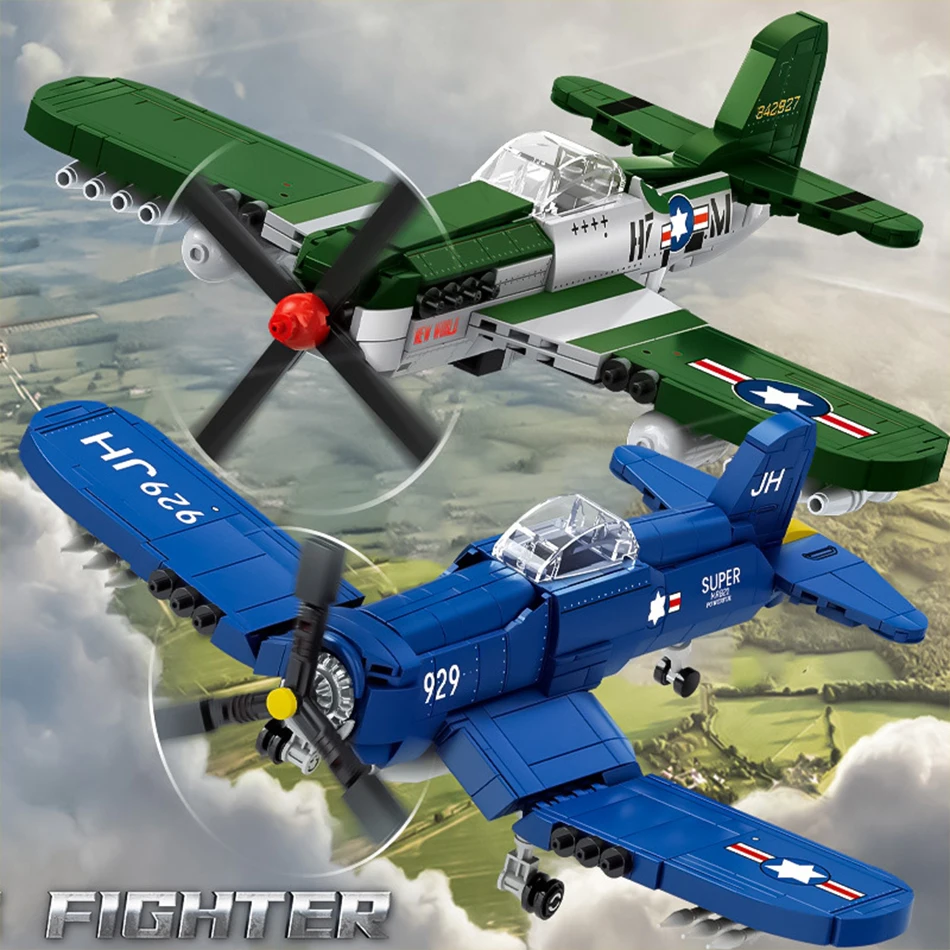 MOC Military WW2 Germany US Airforce FW190 P-51 Mustang F4U Corsair Fighter Aircraft Model Building Blocks Bricks Toys Kids Gift