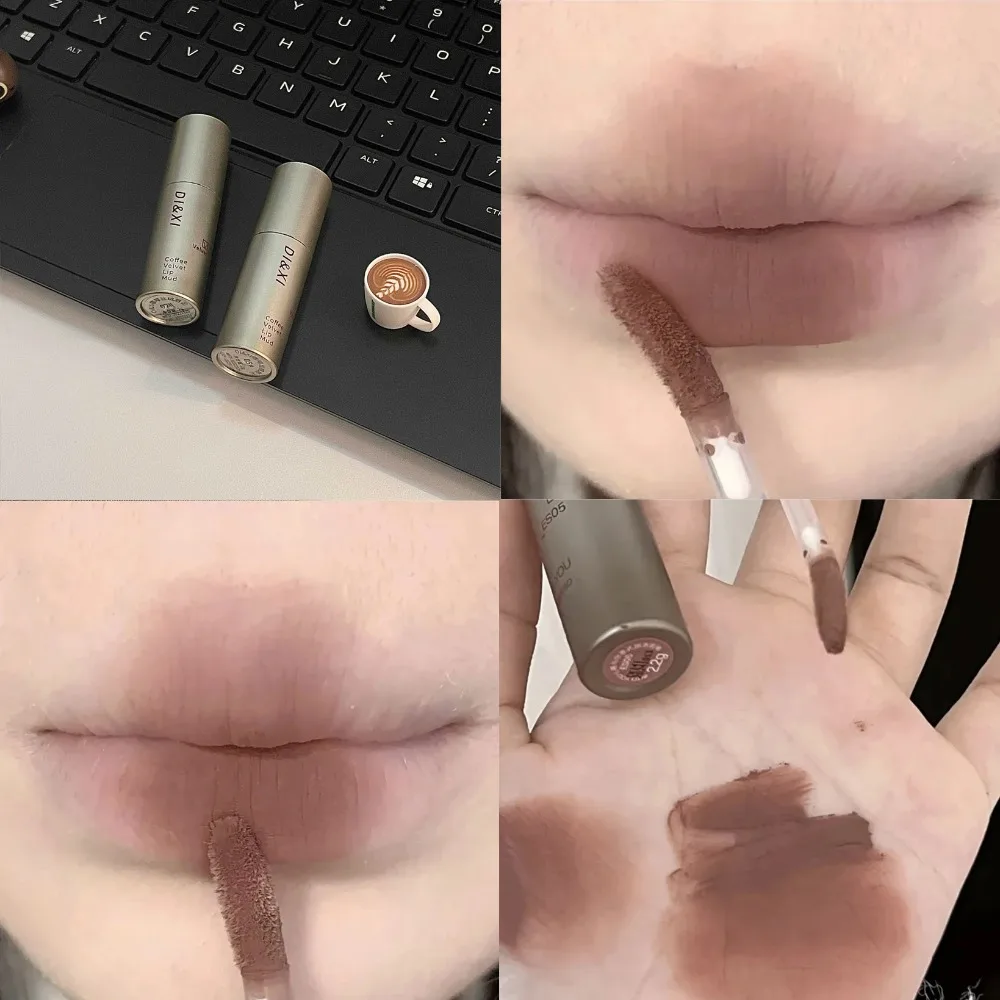 ノンスティックカップダークブラウンマットリップグロス防水ヌードブラウン唇ブラウンリップ泥口紅持続ティント泥