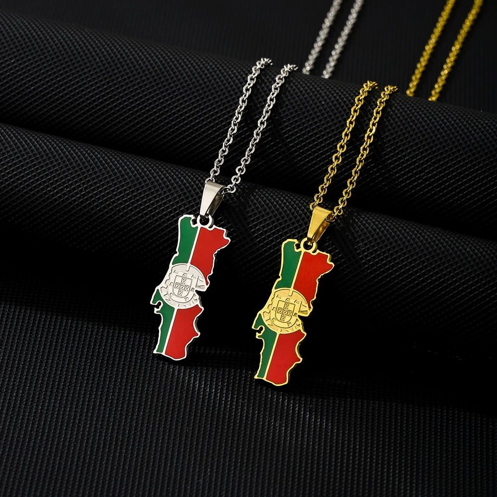 US EU Hot Sale Stainless Steel Enamel Portugal Map Flag Necklace Unisex Couple Ethnic Patriotic Jewelry Gift Trendy Accessory