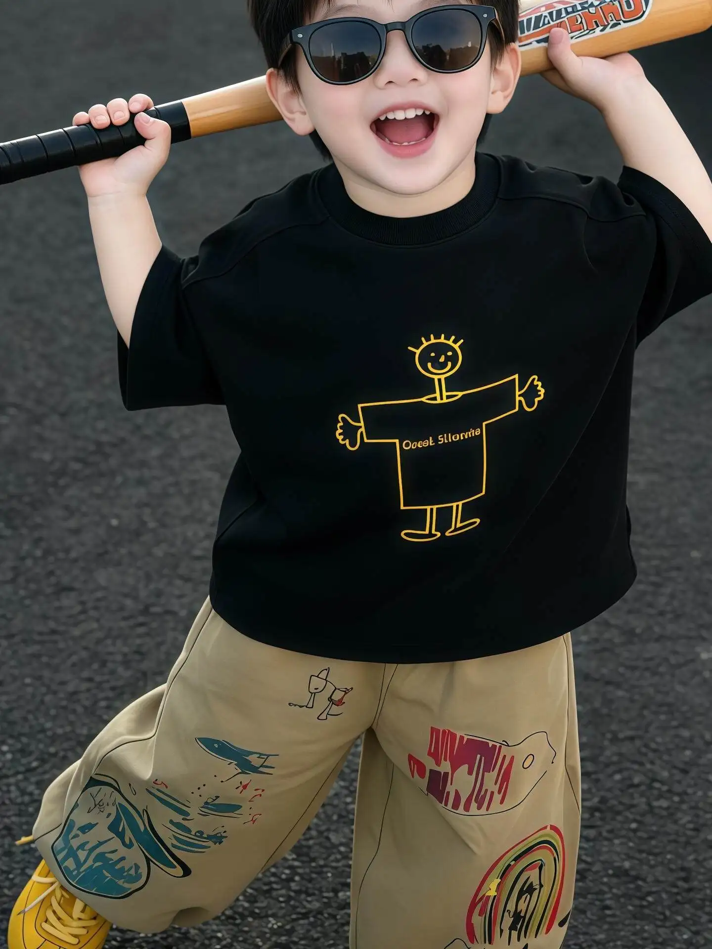 夏の新作カジュアル漫画プリント2ピースセットクールスタイル男の子用コットン半袖tシャツパンツアンサンブル子供服