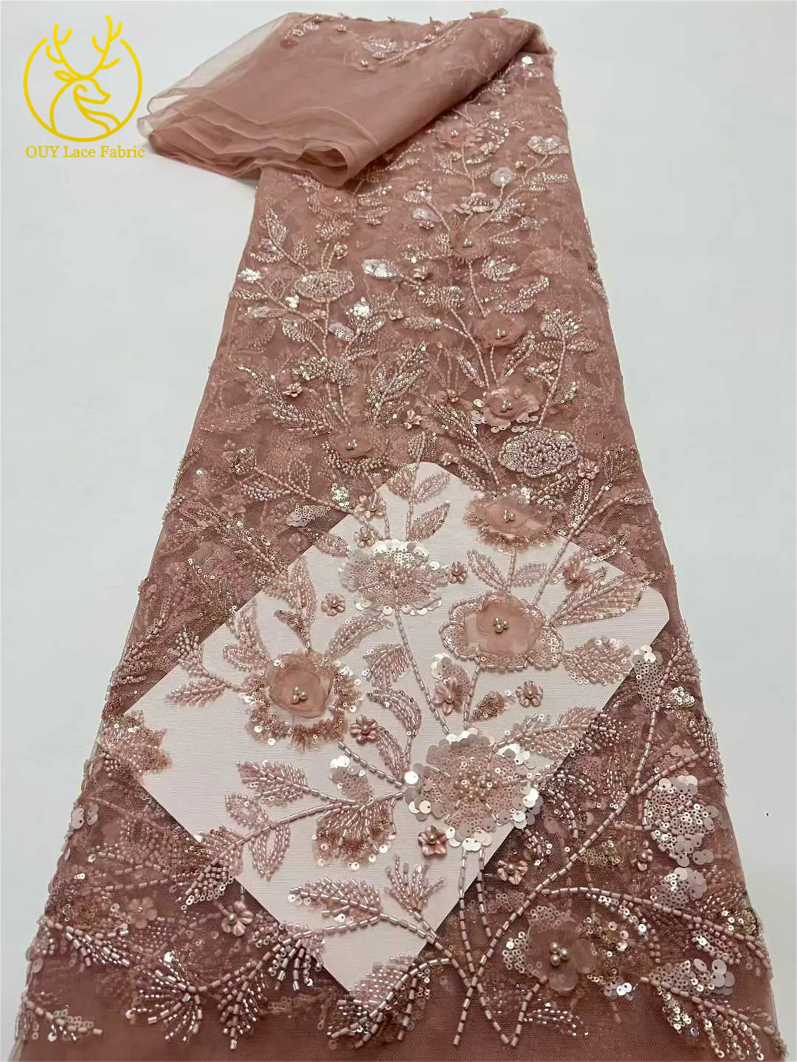 Afrikanischer 3D-Blumen-Handperlen-Spitzenstoff 2026 Hochwertiger Französischer Stil Nigerianischer Pailletten-Spitzenstoff Ideal für Partykleider – Detail 4