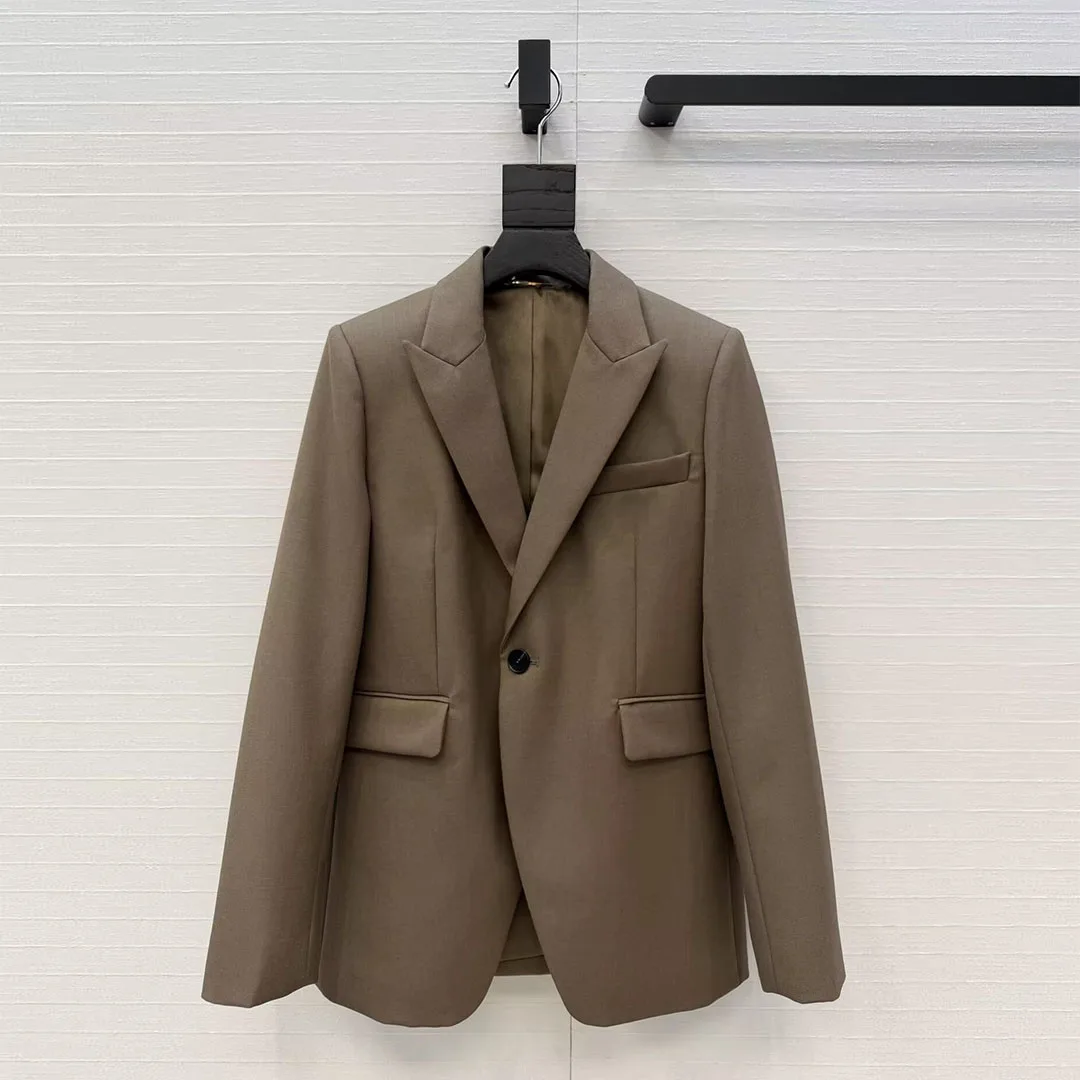 French Elegant Fashion Designer Solid Color Blazer Suit Women Notched Long Sleeve Single Button Pockets Wool Blends Chic Jacket