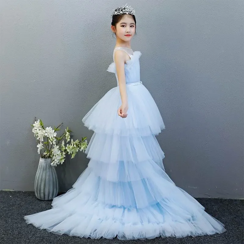 Sky Blue High Low Long Train tutu gown Girl Ball Gown Princess First Communion Prom Costumes Dress Flower 2023