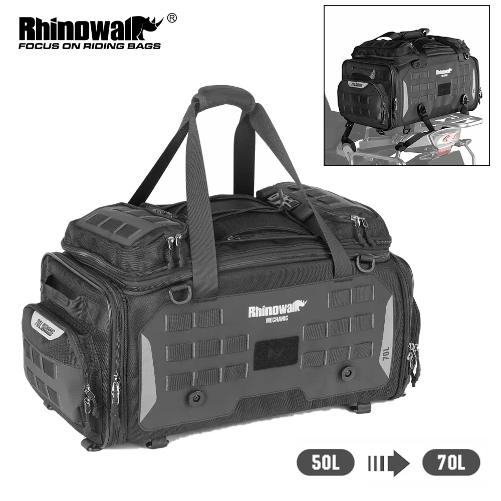 

Rhinowalk Motorcycle Tail Bag Waterproof 50-70L Expandable Back Seat Bag Dry-Wet Separation Versatile Backpack 14" Laptop Pocket