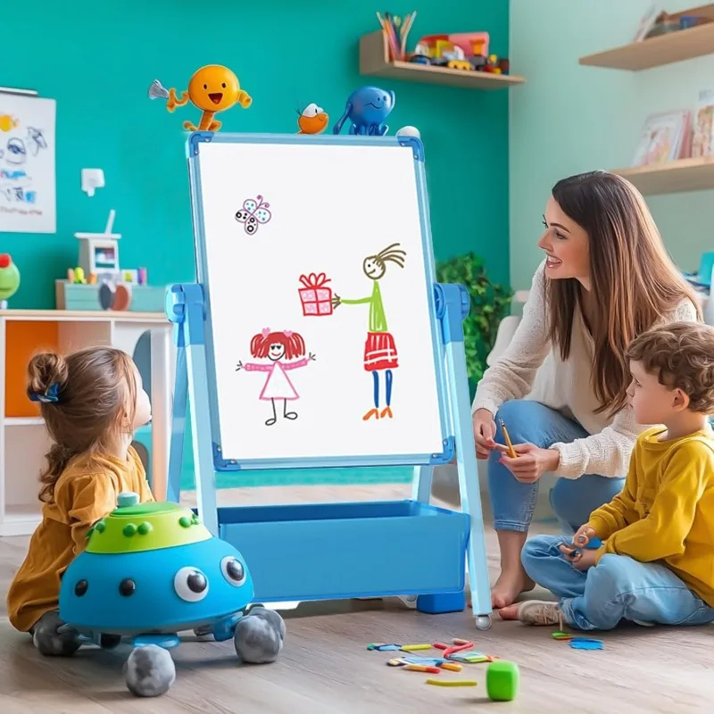 Art Easel for Kids, Double Sided Kids Easel Drawing Board, Whiteboard & Chalkboard for Kids, 360°Rotating Adjustable