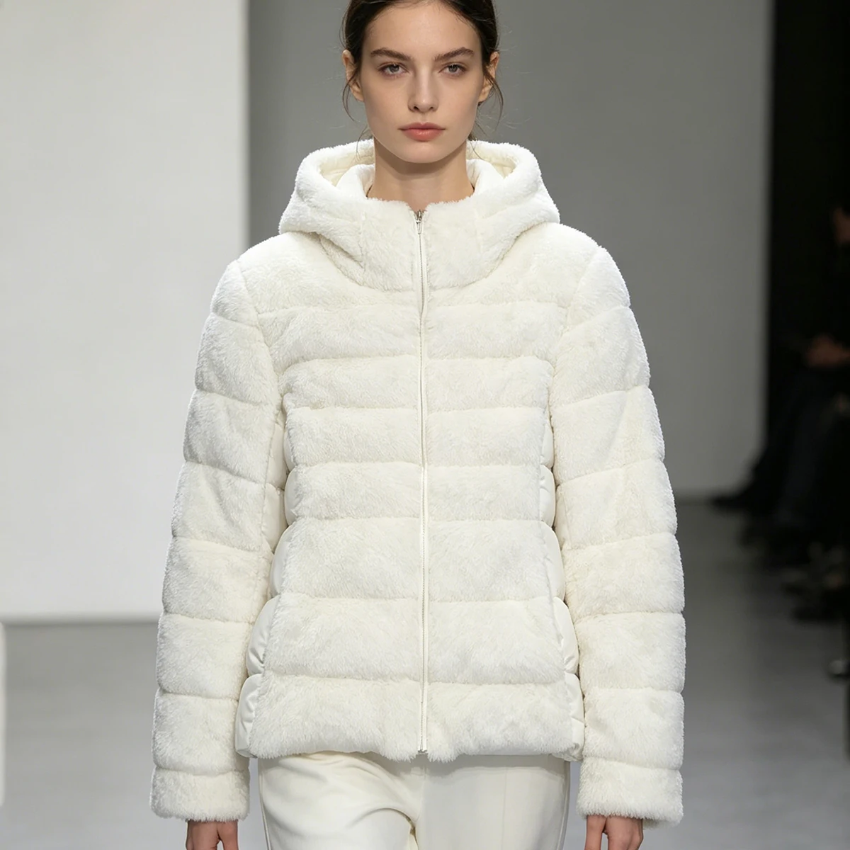 Ladies Hooded Quilted Puffer Coat Fleece Panel Faux Fur Splicing Thickened Warm Winter Casual OL Outer Garment With Hand Pockets