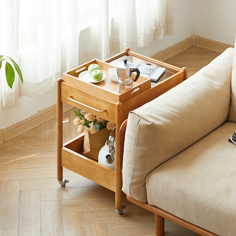 طاولة جانبية متحركة من الخشب الصلب، طاولة قهوة بسيطة، دفع تخزين صغير بعجلات