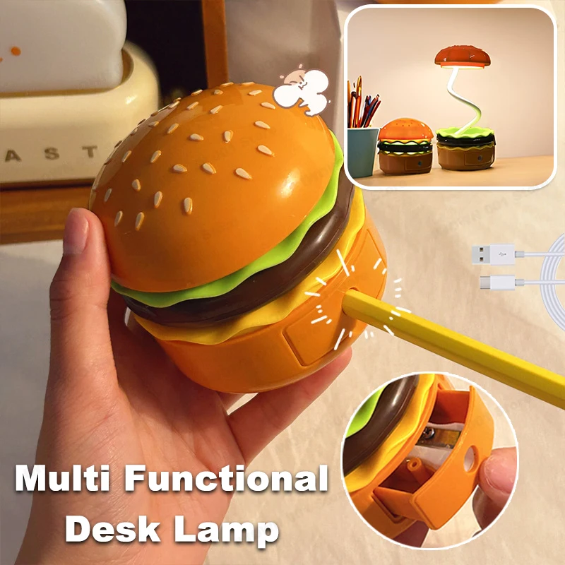 Luz nocturna de hamburguesa con sacapuntas, luz de aprendizaje para niños, Mini lámpara de escritorio creativa, lámpara de noche recargable para dormir