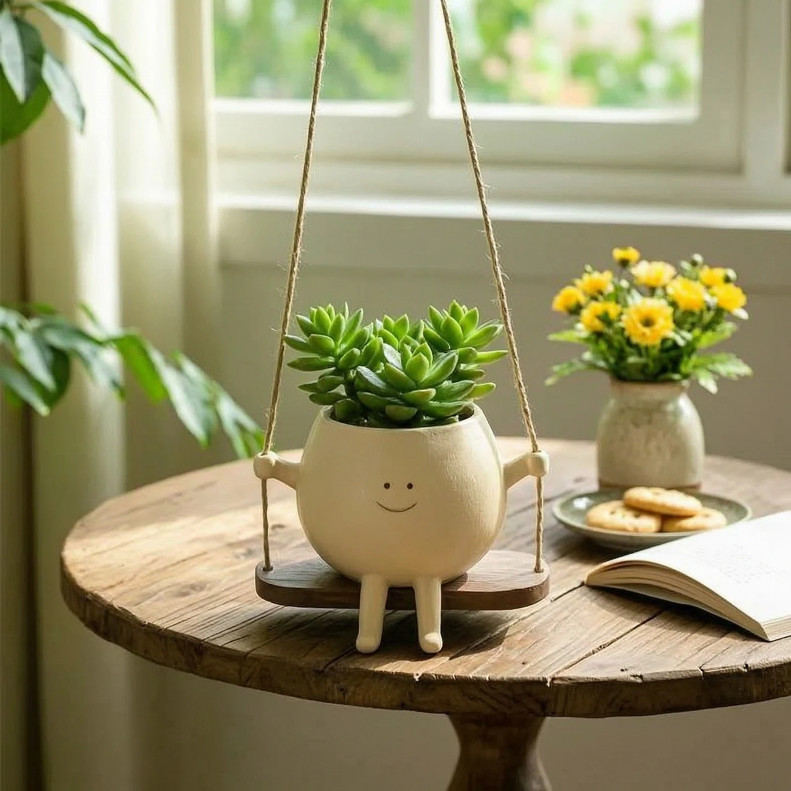 Swing Face Planter Funny Planter with Swing Seat Swinging Plant Pot Indoor Compact for Patio, Balcony