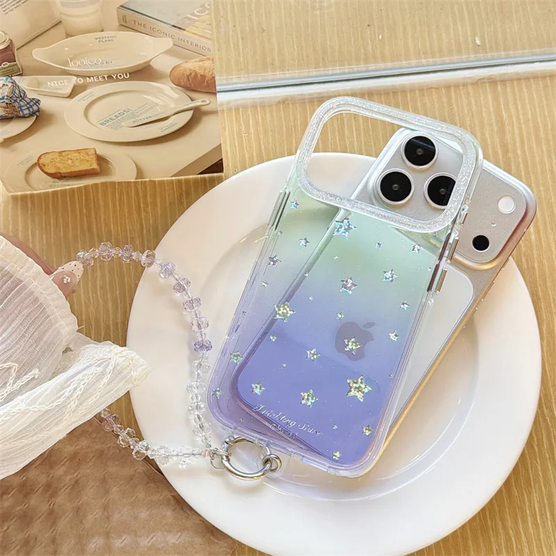 Kawaii Pastel Gradient Twinkle Star Phone Case For iPhone 15 16 17 ProMax Case With Light Purple Crystal Beaded Wrist Lanyard
