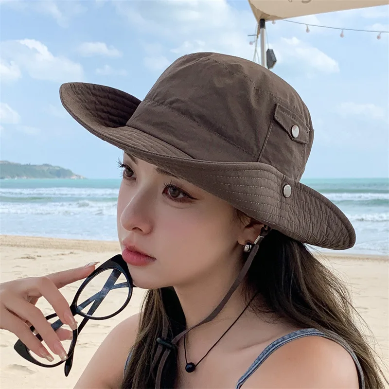 

Sun Hat Women Summer Outdoor Big Brim Seaside Retro Versatile Cowboy Fisherman Hat with Pockets