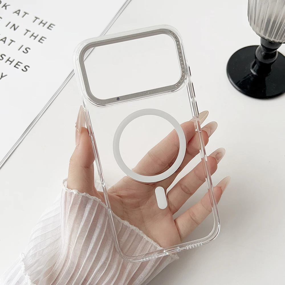 

For iPhone 17 Air Pro Max Case Magsafe Ultra Clear Magsafe Wireless Charging Diamond Raised Metal Lens Frame Metal Keys Cover
