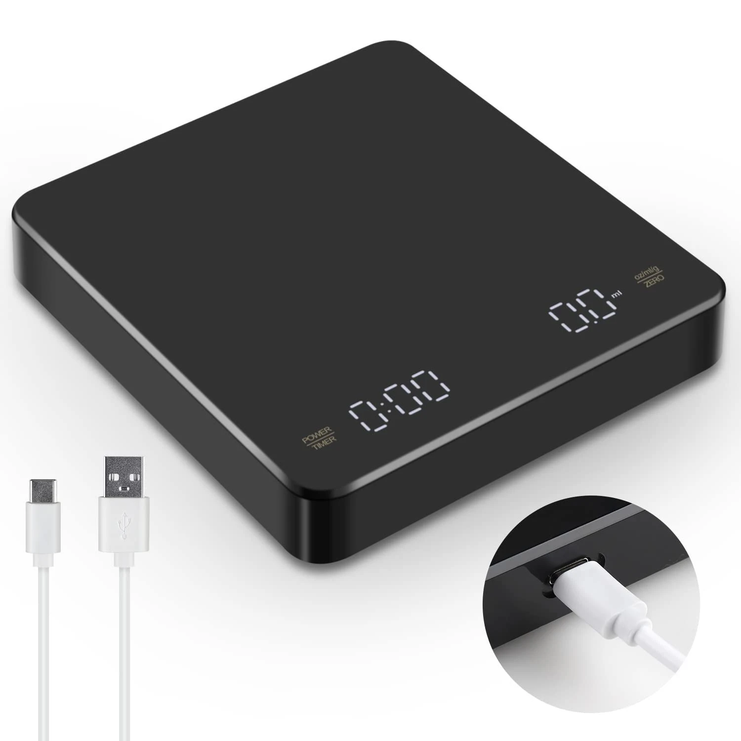 USB Digital Coffee Scale Rechargeable LED Screen Timer 0.1g High Accuracy Kitchen Espresso Scale for Brewing Measuring