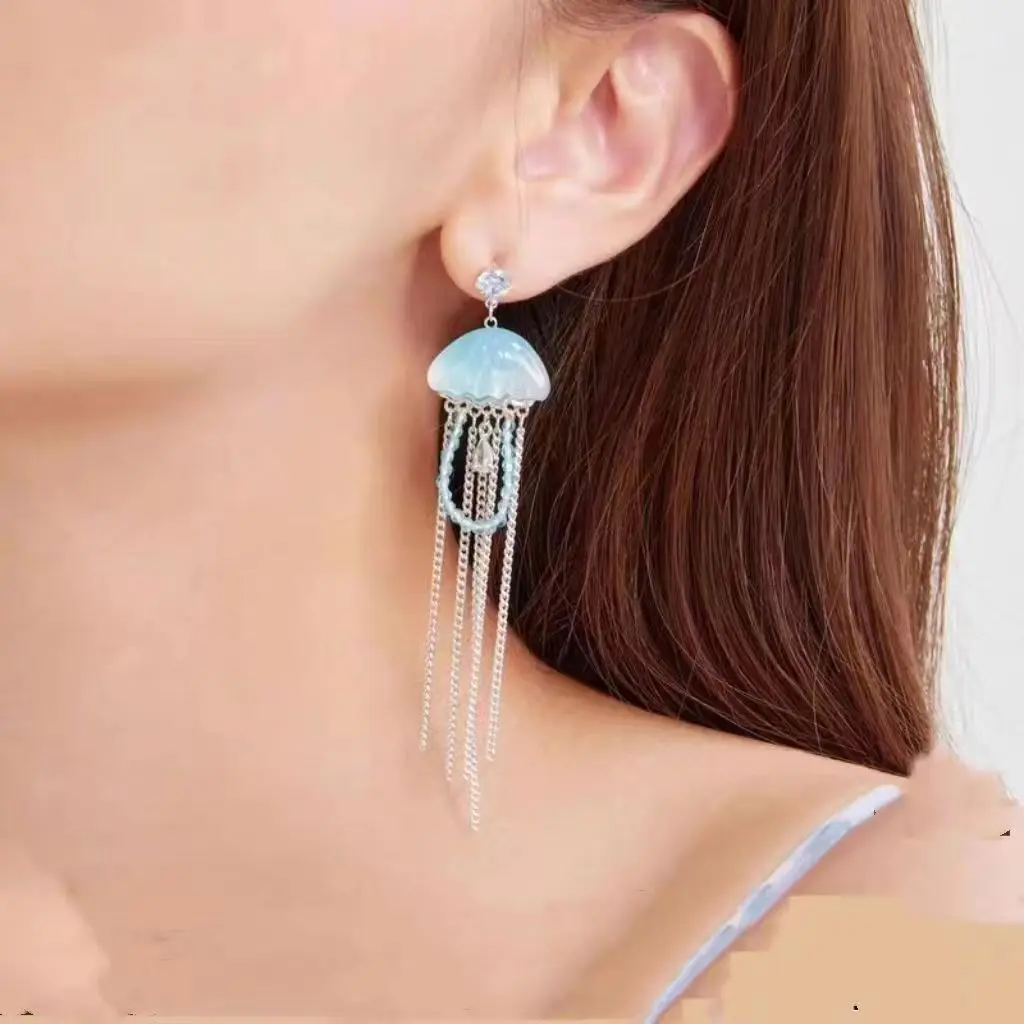 Pendientes de borla de circón de Medusa azul marino para mujer, nuevo estilo de nicho