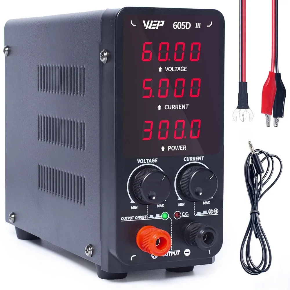 

605D-III DC Variable Power Supply 60.00V 5.000A High Precision Bench Lab Power Supply with Alligator Clips for anodizing kit