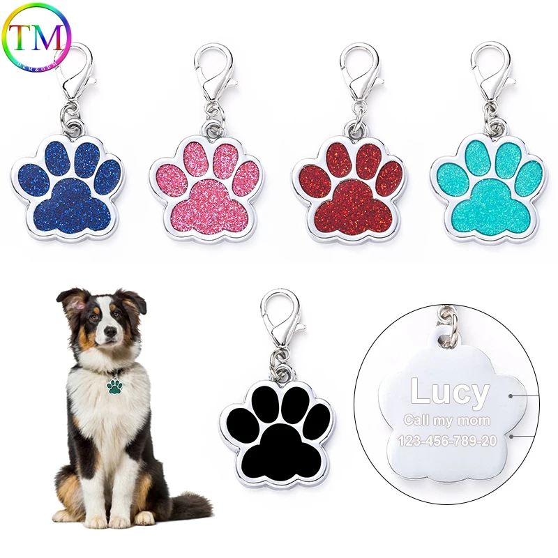 Personalized Dog Tags Engraved Cat Dog Puppy Pet ID Name Collar Tag Pendant Pet Accessories Paw Glitter Pendant Puppy Anti-lost