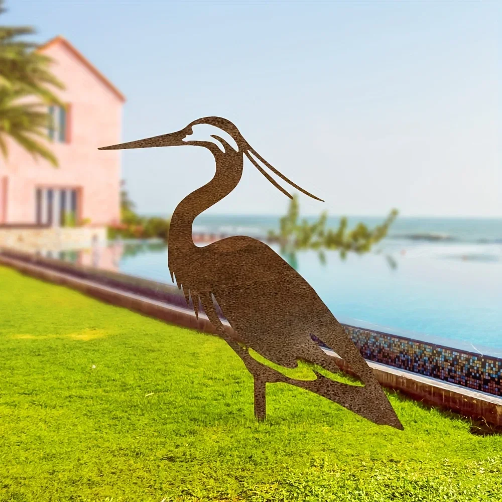 Rusted Metal Crane Garden Statue, Contemporary Independent Heron Sculpture, Weatherproof Outdoor Lawn Art