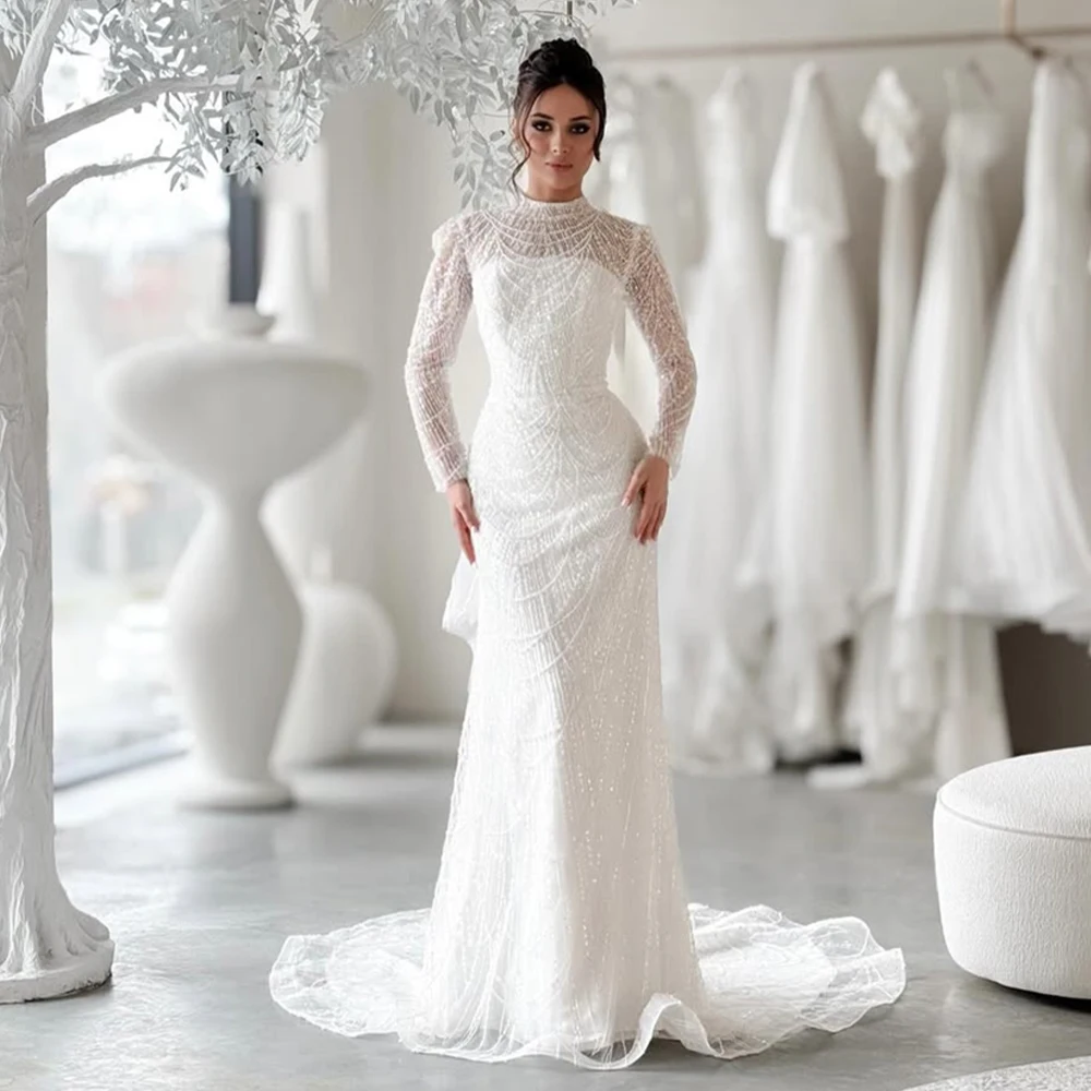 

Customized Glitter Sequin Wedding Dress High Neck Bridal Dress Mermaid Silhouette Bridal Gown Formal Wedding Dress for Brides