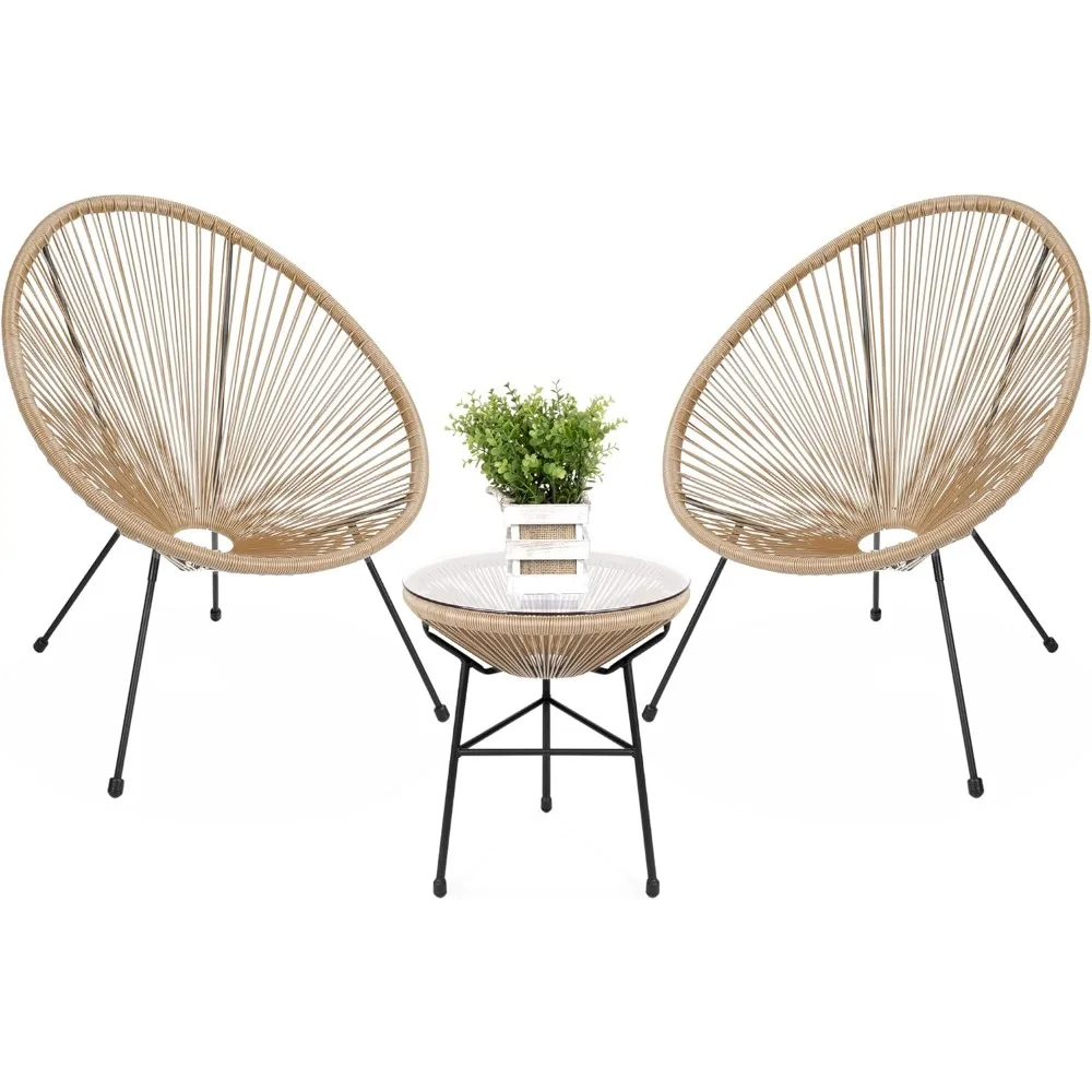 3-Piece Outdoor Acapulco All-Weather Patio Conversation Bistro Set w/Plastic Rope, Glass Top Table and 2 Chairs - Natural