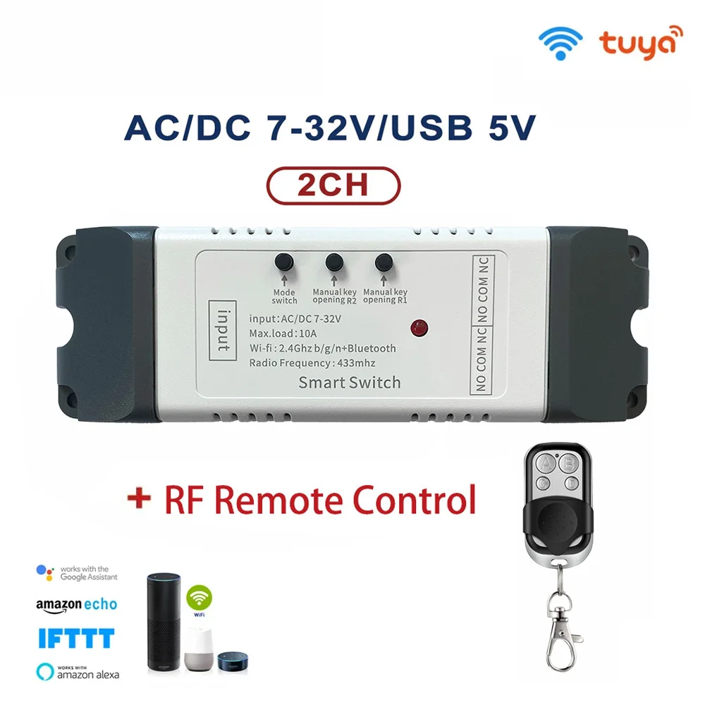 Smart Switch 2CH Relay Module Tuya WIFI Motor Module USB 5V AC DC 7-32V 85-250V RF433 Smart light Garage Door Gate Opener