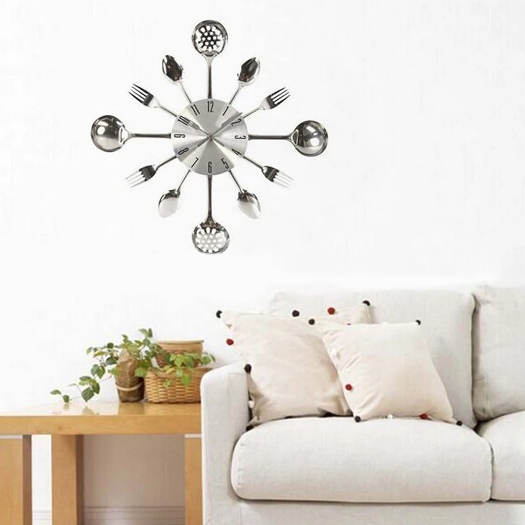 Kitchen Utensil Wall Clock Cutlery Spoon Fork Home Decor Metal