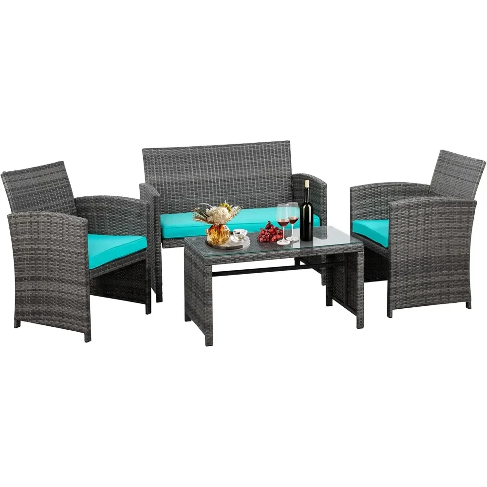 

4 Piece Patio Furniture Set, Outdoor Furniture Set Patio Wicker Conversation Set with Cushions and Tempered Glass Tabletop