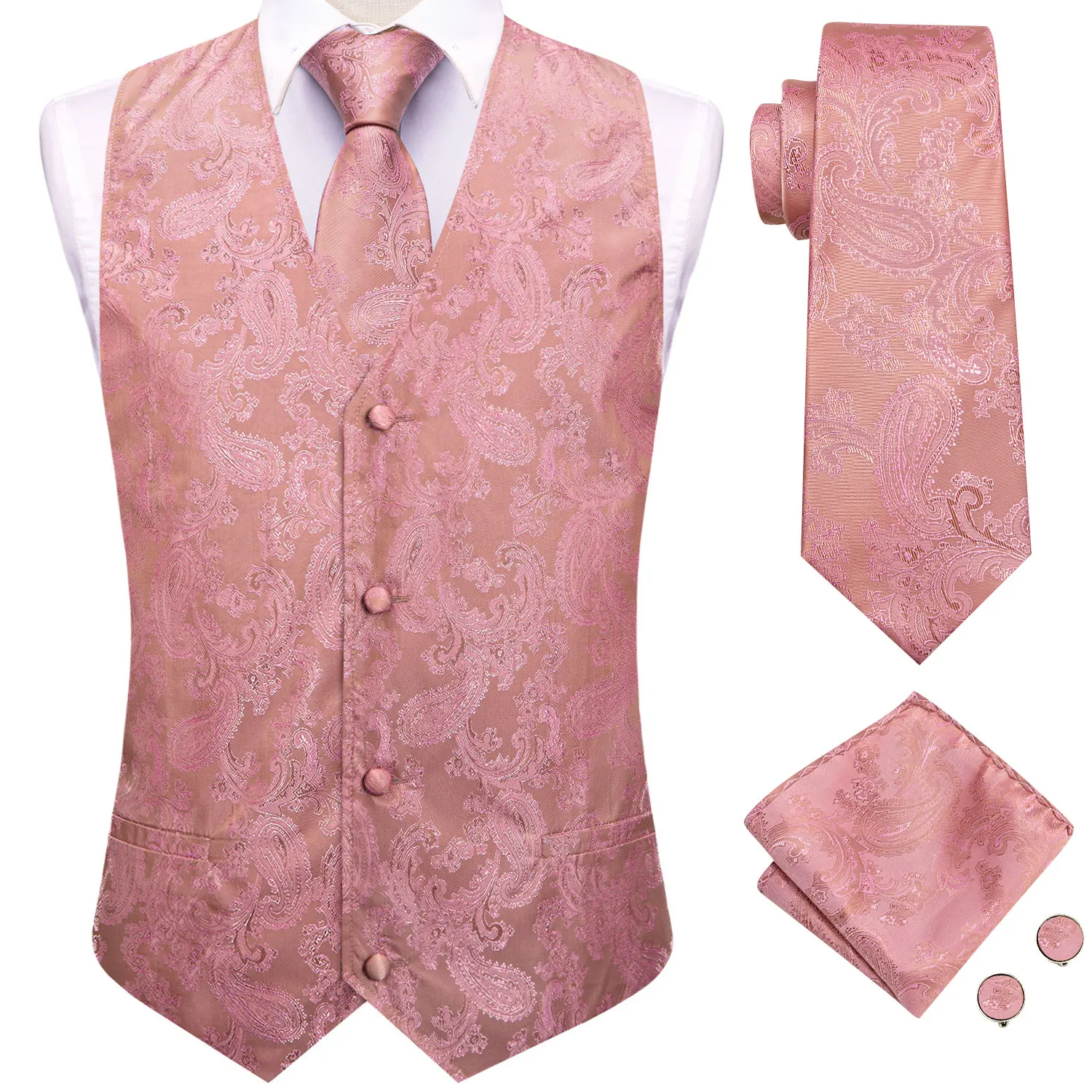 Hi-Tie 4PCS Paisley Pink Silk Mens Suit Vests Woven Waistcoat Tie Pocket Square Cufflinks Business Wedding Dress Waist Jacket