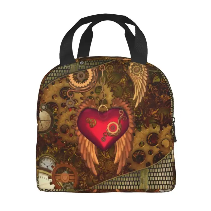 Steampunk Heart With Wings Portable Lunch Box Metal Mechanical Gears Thermal Cooler Food Insulated Lunch Bag Kids School