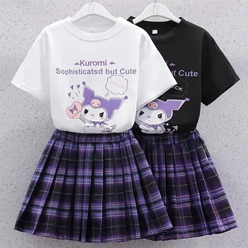 Sanrio Kuromi Kawaii 여자 대학 스타일 티셔츠 스커트 정장 여름 옷 새 여자 정장 아동복 스타일 플리츠 스커트