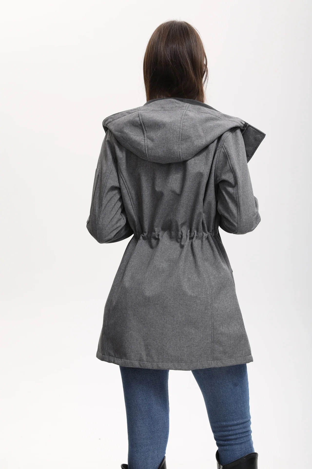 Giacca a vento multitasche con cappuccio grigia da donna Capispalla foderato in pile che definisce la vita per cappotti verdi blu autunnali e invernali.