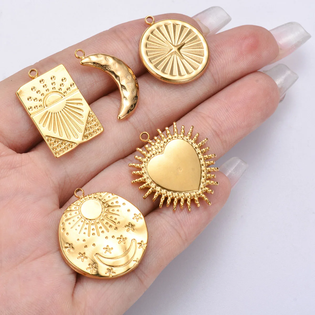 5pcs/lot Stainless Steel Gold Moon Star Sun Pendant Charms Metal Necklace Earring Findings for DIY Jewelry Making Accessories