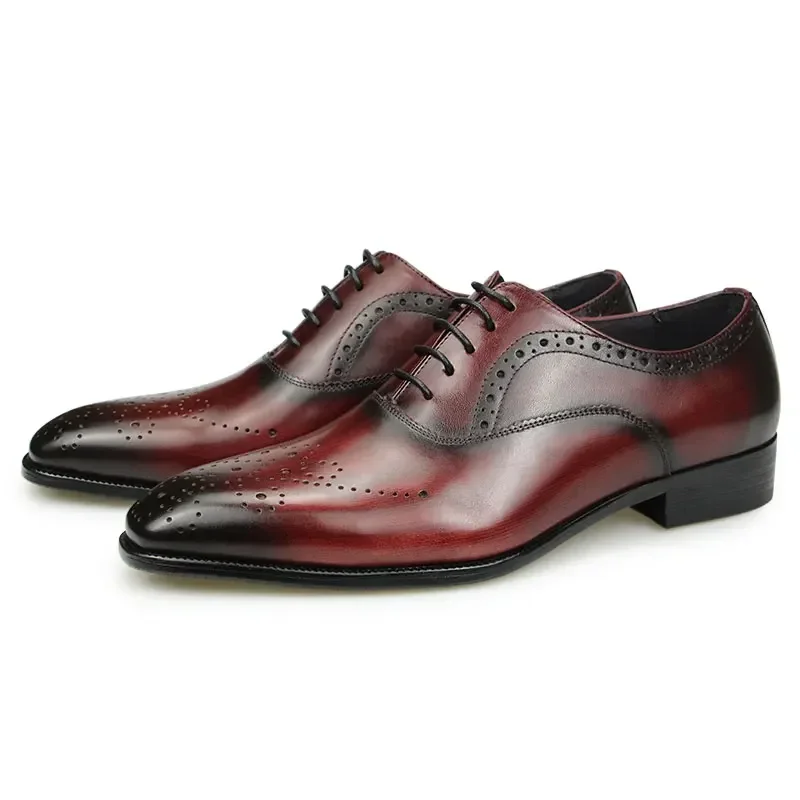 Luxury Dress Genuine Leather Shoes Mens Business Office Work Brogues High Quality Comfortable Formal Wedding Shoe Black&Wine Red