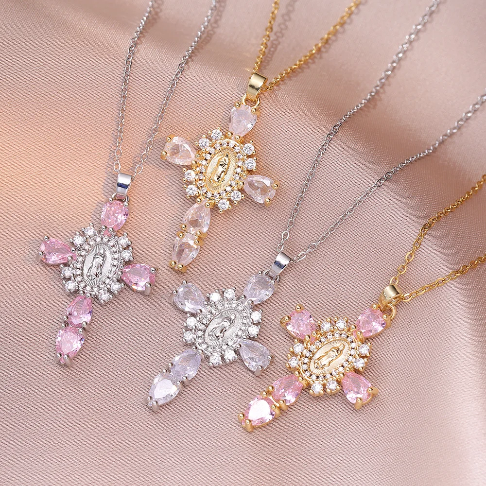 Pink Crystal White Zircon Cross Pendant Necklaces For Women Men Vintage Gold Silver Color Stainless Steel Chain Jewelry Gifts