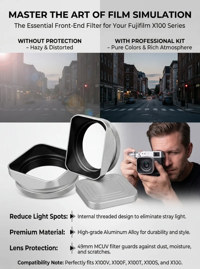 Quadratische Gegenlichtblende aus Metall für 49-mm-MC-UV-Filter-Kit für Fujifilm X100 Serie X100V X100F X100T X100S X100 X100VI Kamerazubehör – Detail 4