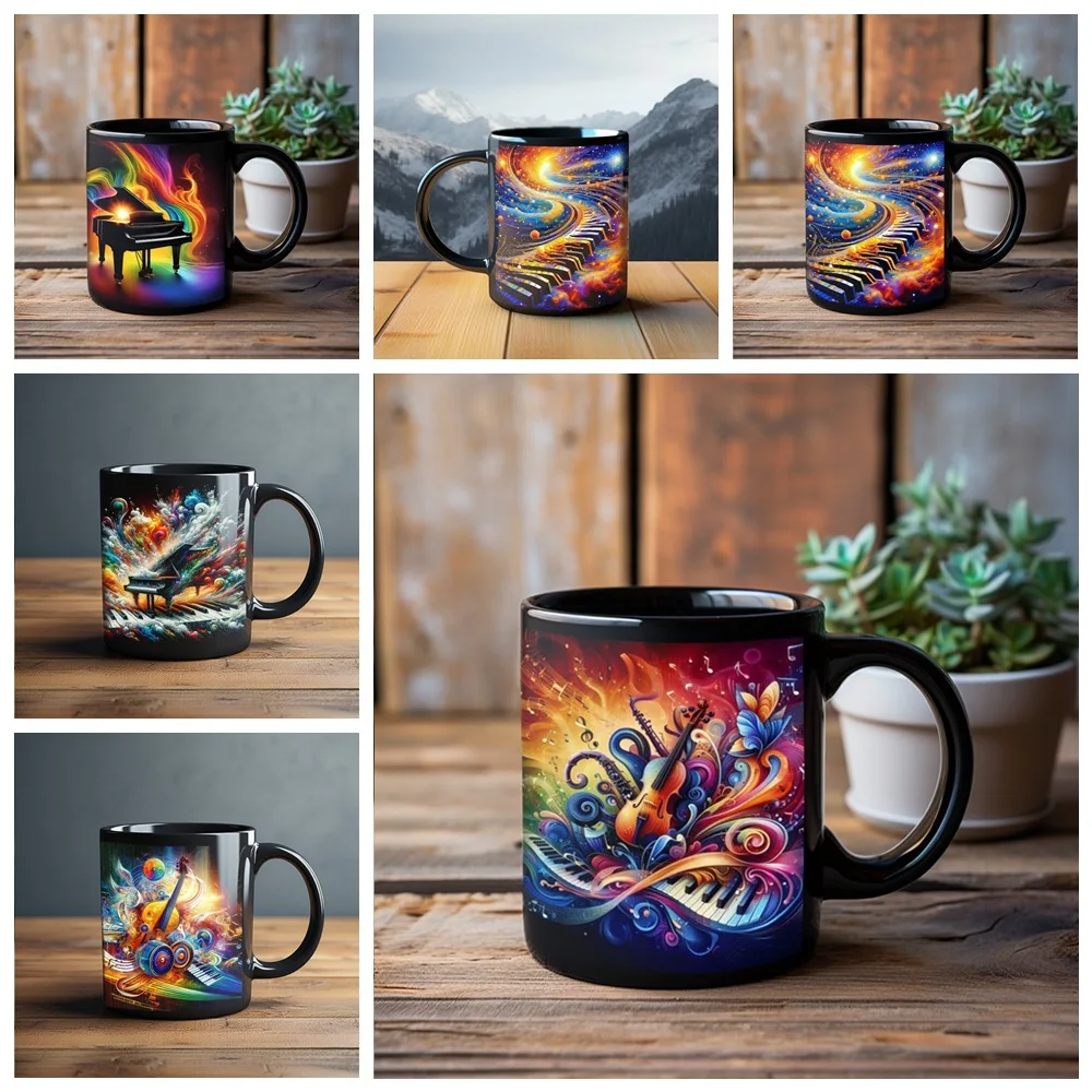 New products in October, music-themed black ceramic mug, piano, guitar colorful element coffee cup