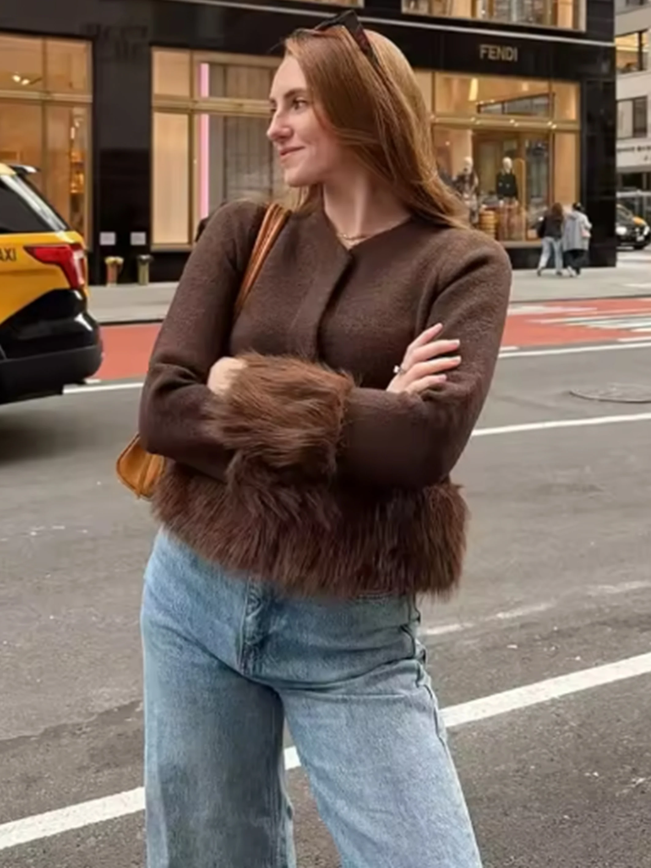 

Women New Fur Patchwork Knitted Cardigan Fashion V-neck Single Breasted Loose Short Sweater Winter Office Commute Daily Outwear