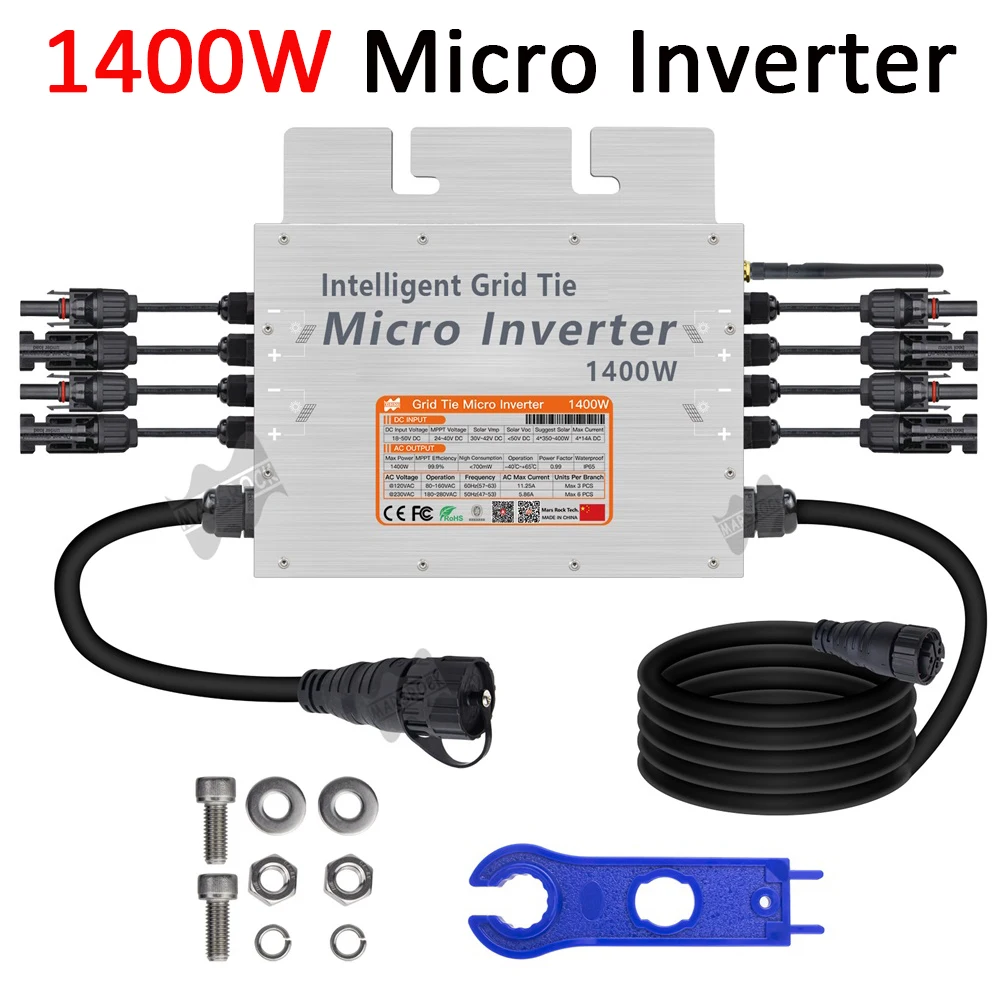 1400W Solar Inverter IP65 Input 18-50Vdc Output Auto 80-260Vac Pure Sine Wave Grid Tie Inverter For 4*200W~350W Solar Panel