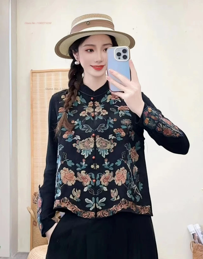 2024 chinese vintage hanfu tops traditional stand collar vest national flower embroidery ethnic vest oriental sleeveless jacket