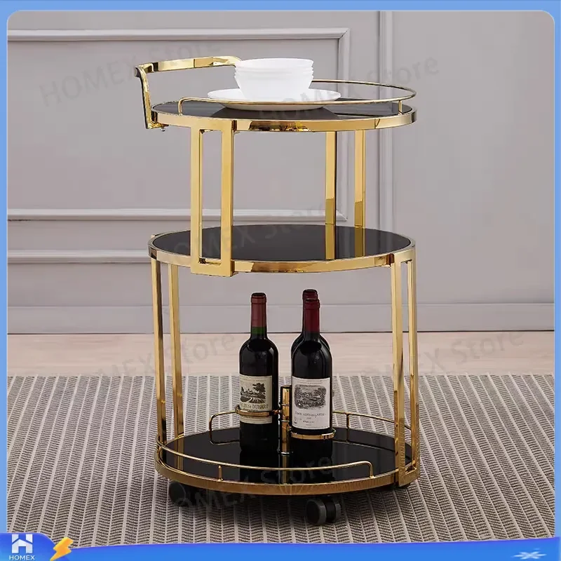 Luxury Gold 3 Tier Rolling Bar Cart Mobile Serving Trolley with Wheels Modern Kitchen Wine Rack Beverage Tea Storage Shelf