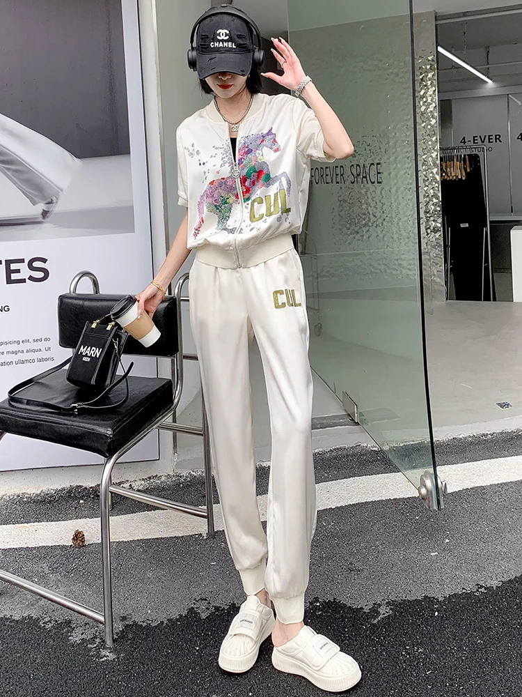 Moda francesa feminina legal seda 2 peça define estética cavalo impressão manga curta jaquetas calças de cintura elástica roupas de verão soltas