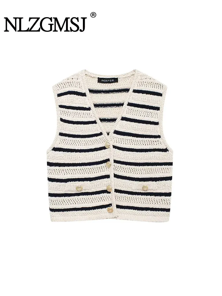 TRAF 2024 Autumn Striped Knitted Women Waistcoat V Neck Sleeveless Cardigan Jacket Vest Crop Top Y2K