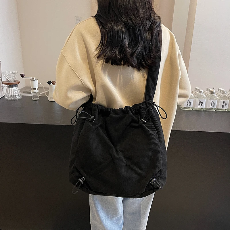 

Women Corduroy Crossbody Bag Drawstring Messenger Bag Solid Color Handbag Trendy Satchel Purse for Work Travel