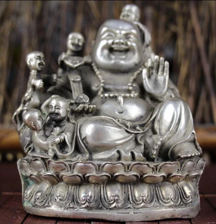 

Copper Statue Copper gilded silver study home furnishings Crafts sitting Maitreya Buddha with five children