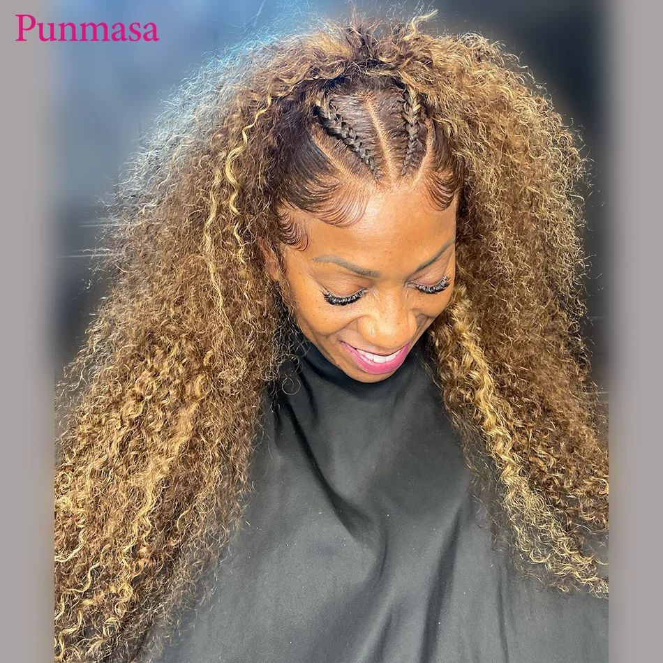 Punmasa 4/27 Highlight Omber Color Curly Wave Peruvian Remy Glueless 200% 13x4 Transparent Lace Frontal Wig 13x6 Lace Front Wig