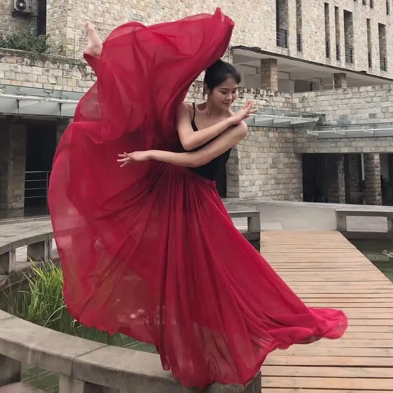 2022 Autumn and Winter New Women Flamenco Belly Dance Gypsy Solid Color Ballet Classical Dance Performance Elegant Long Skirt