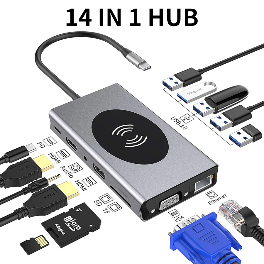 

14-in-1 Docking Station USB Type C Hub Wireless Charging USB 3.0 RJ45 PD To HDMI-compatible Adapter for Macbook Pro Laptop PC