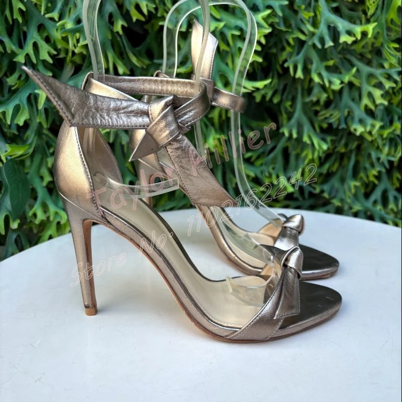 

Summer New Bow Gold Sandals Round Toe Stiletto Buckle Strap High Heels Elegant Party T-Stage Show Evening Modern Shoes Big Size