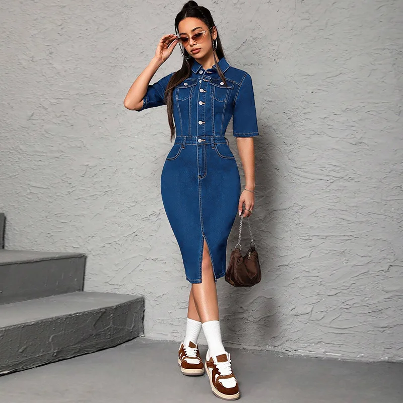 

Women Long Dress Turn Down Collar Half Sleeve Y2k Streetwear A Line Slim Fit Hip Wrap Elegant Casual Splice Work Summer 2026