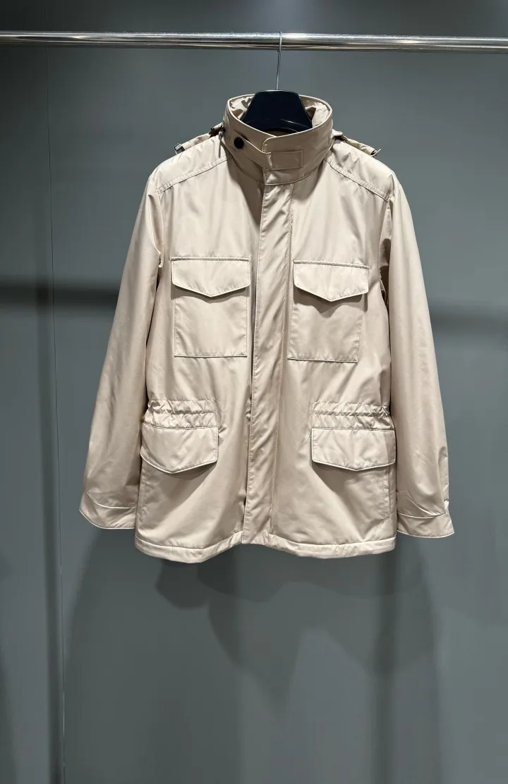 LP 2026 New Old Money Style Mens Microfiber Wool Blend Four Pocket Jacket Stand Collar Windproof Waterproof Drawstring Casual Co